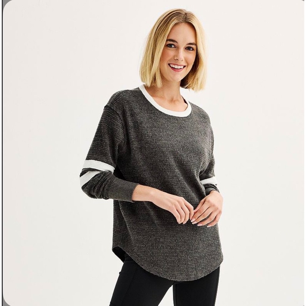 SO The Cozy Tunic Forged Iron Grey Waffle Knit Stripe Sleeve Crewneck‎ XXL NEW